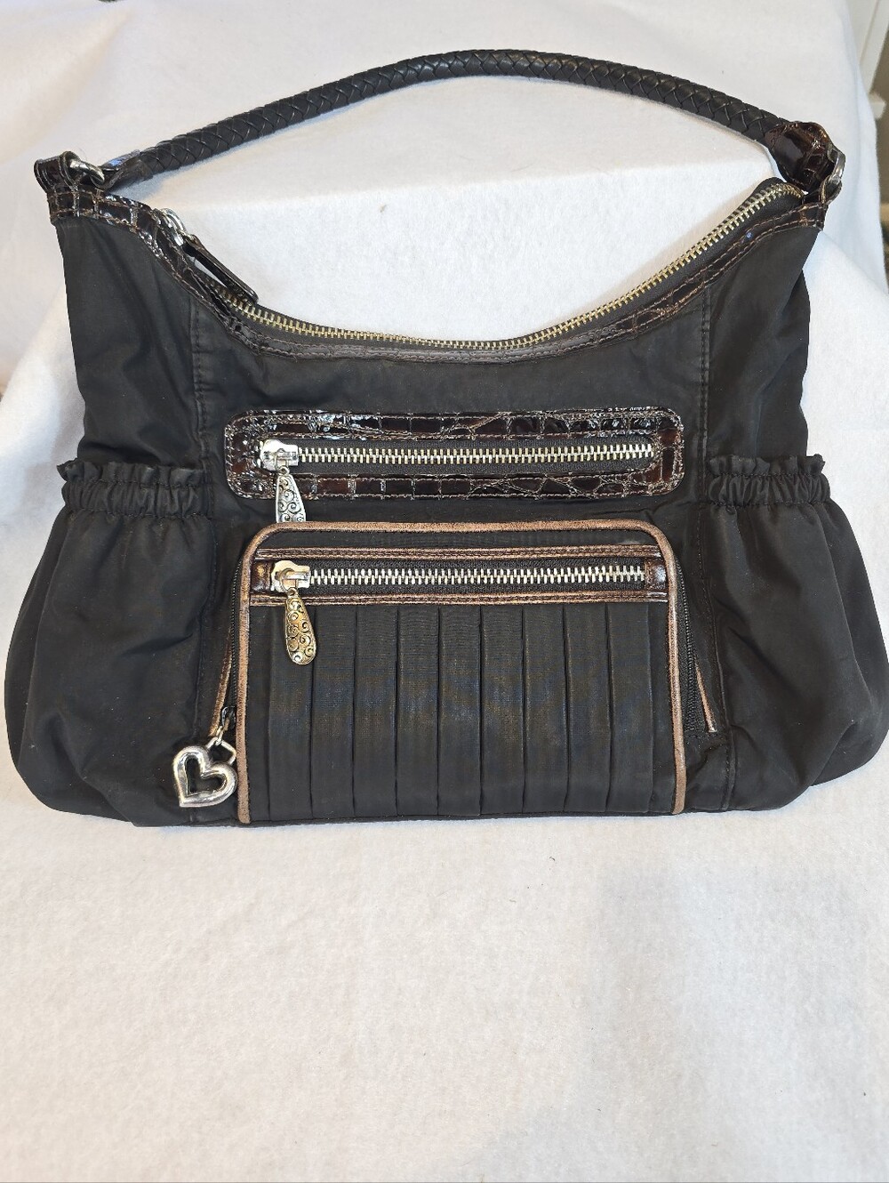 Brighton Y2K Black Nylon Pleated Organizer Hobo Bag Croc Leather Heart Charm